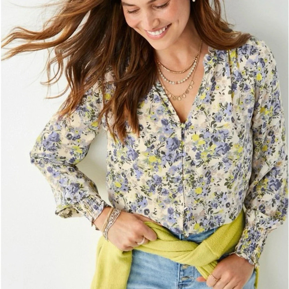 Maurices Cream Multicolor Ditsy Floral Print Ruffle Smock Blouse Small Women’s - Picture 1 of 11